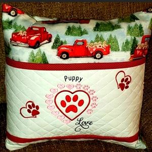 Red truck Valentine pocket pillow embroidered